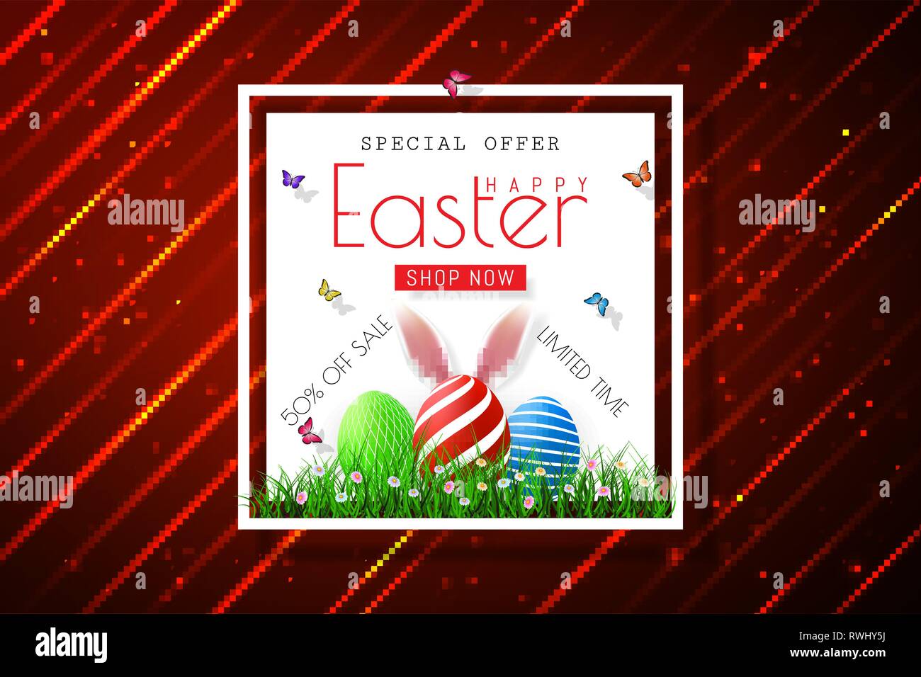 Happy Easter sale banners with realistic Easter rabbir`s ears, vector. Stock Vector